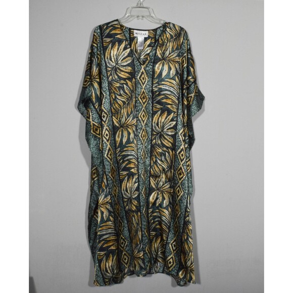 Winlar Kaftan Dark Teal Green Gold Black Geometric Leaves Muumuu One Size - Picture 1 of 3